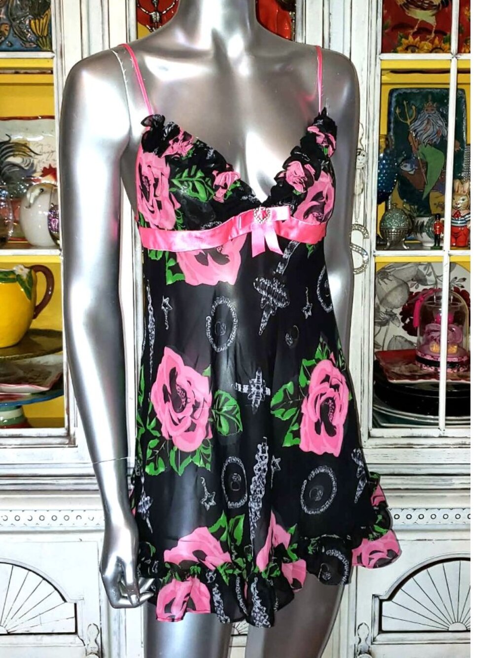 Vintage Betsey Johnson Slip Dress Y2K Black Floral Rose Jewelry Print Babydoll S - Picture 13 of 15